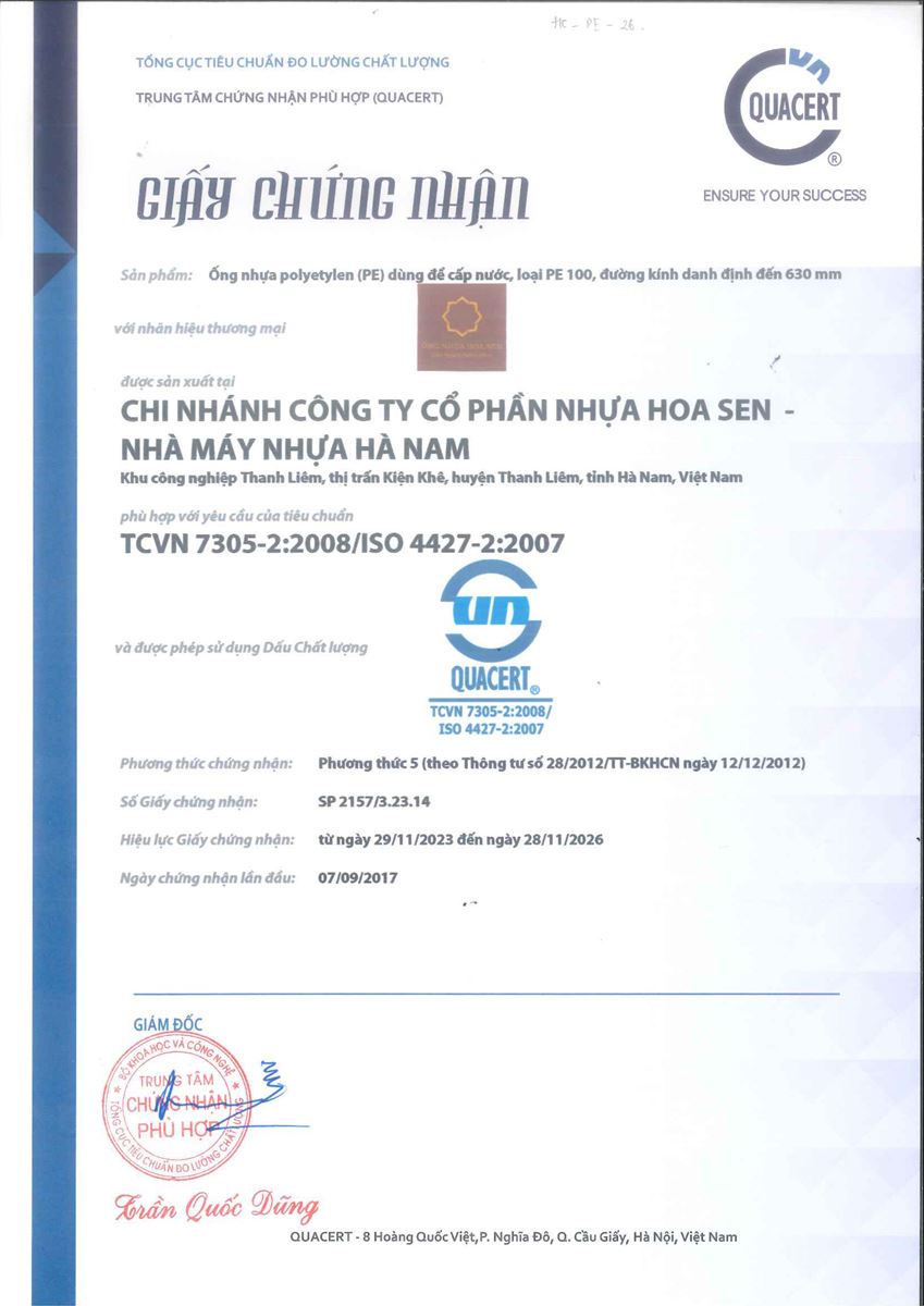 Giấy chứng nhận ống nhựa PE Hoa Sen đạt tiêu chuẩn TCVN 7305-2:2008/ISO 4427-2:2007