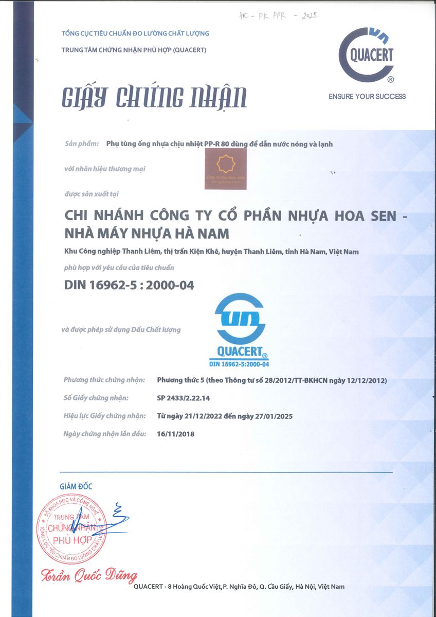 Phụ tùng PPr đạt tiêu chuẩn DIN 16962-5:2000-04