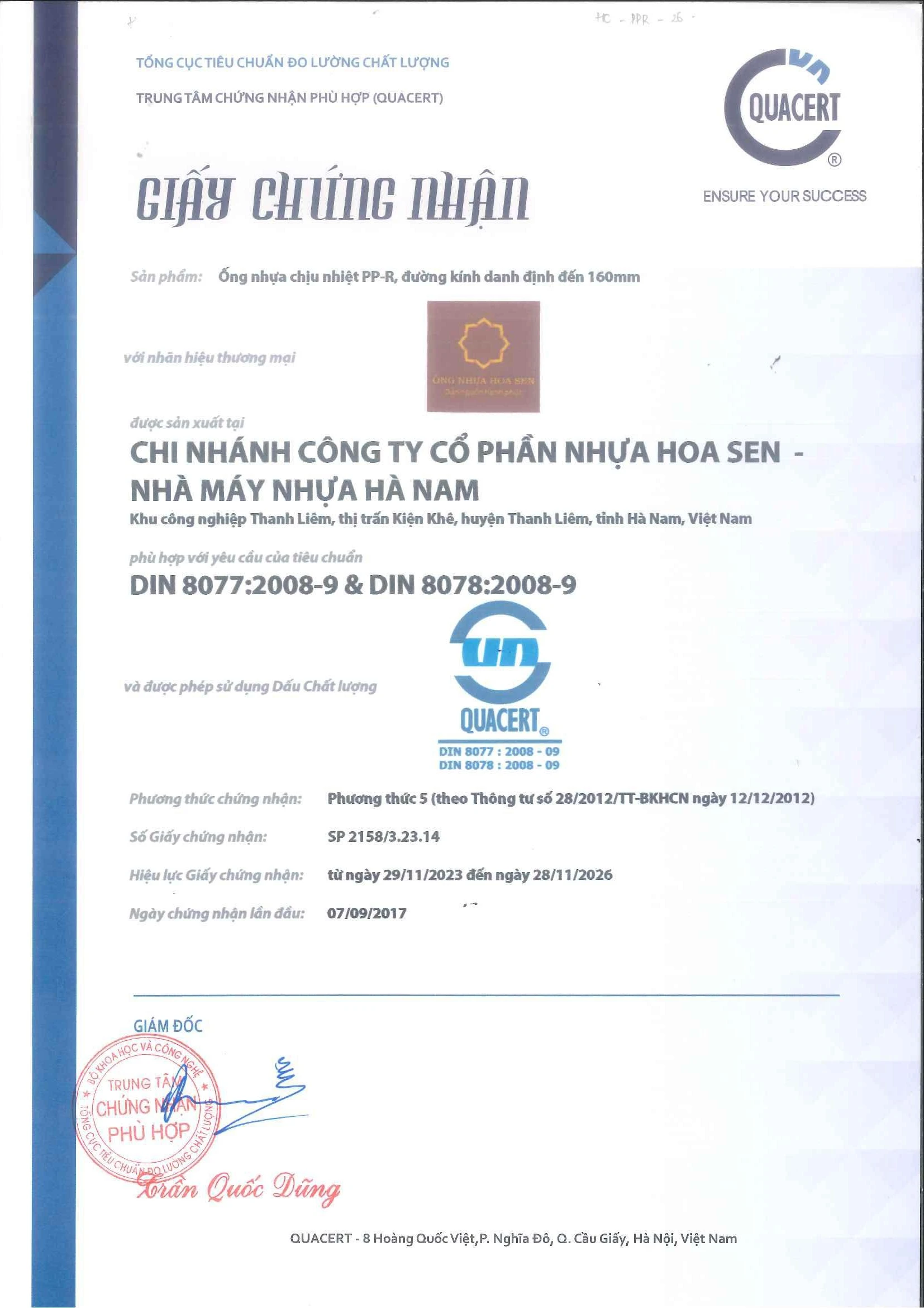 Giấy chứng nhận ống nhựa PPr đạt chuẩn DIN 8077:2008-9 & DIN 8078:2008-9